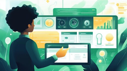 Fototapete - A person interacting with digital dashboards and data analytics in a green environment.