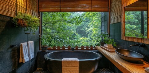 Aufkleber - A serene bathroom with a view of lush greenery, featuring a bathtub and natural decor.
