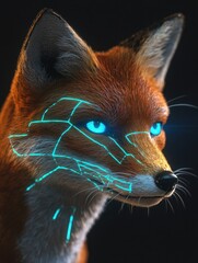 Poster - A futuristic fox with glowing blue accents on its face, blending nature and technology.