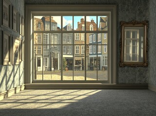 Aufkleber - A spacious room with a large window showcasing a charming street view.