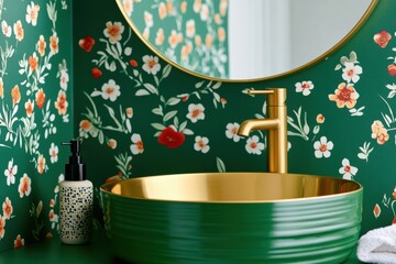 Wall Mural - Elegant powder room featuring vintage brass sink and floral decor on dark accent wall with round mirror