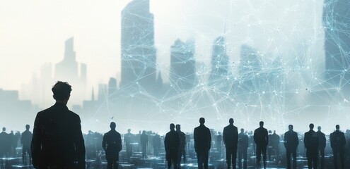 Aufkleber - A silhouetted figure stands before a crowd against a futuristic cityscape with digital connections.