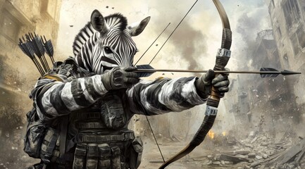 Poster - A zebra-masked archer in a war-torn environment, aiming an arrow with determination.