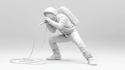 Leinwandbilder - A monochromatic astronaut figure performing with a microphone, emphasizing creativity and exploration.