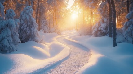 Wall Mural - Winding snowy path through a frosty winter forest at sunset