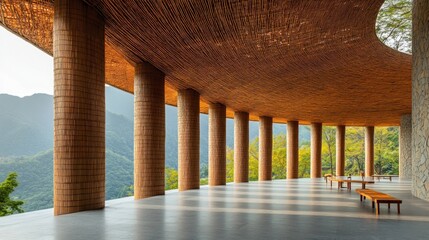 Leinwandbilder - A spacious, open architectural structure with bamboo columns and a scenic mountain view.