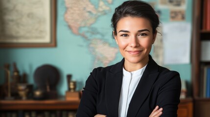 Aufkleber - A confident woman in a professional setting with a world map backdrop.