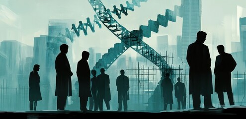 Poster - Silhouetted figures in lab coats against a backdrop of industrial structures.