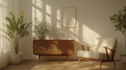 Aufkleber - A cozy living room with a modern chair, wooden cabinet, plants, and soft lighting.