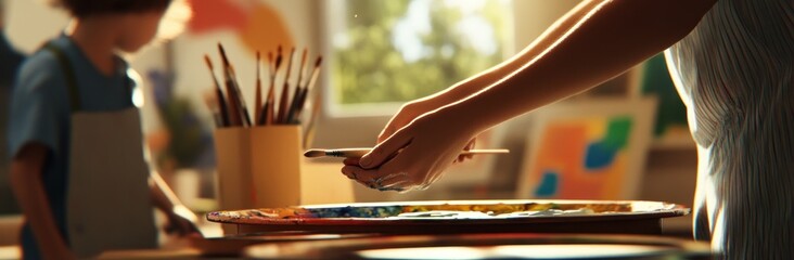Aufkleber - A person painting with vibrant colors while a child observes in a creative environment.