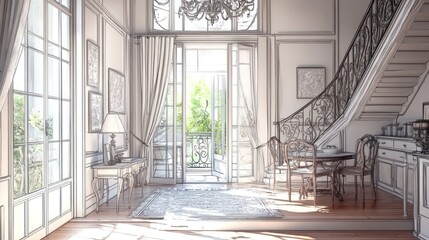 Poster - Elegant interior featuring a staircase, dining area, and balcony with greenery.