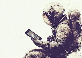 Poster - Astronaut using a tablet in space, blending technology with exploration.