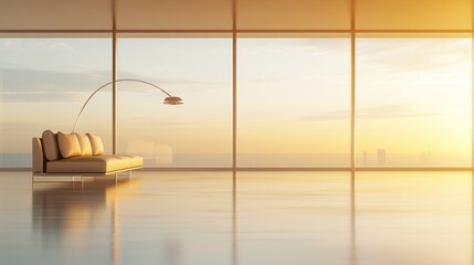 Aufkleber - A minimalist living space with a sofa and large windows showcasing a sunset view.