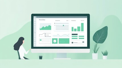 Poster - A woman analyzes data on a computer screen with graphs and charts in a modern workspace.