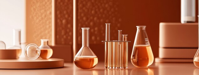 Aufkleber - A collection of laboratory glassware filled with orange liquids, showcasing a scientific environment.
