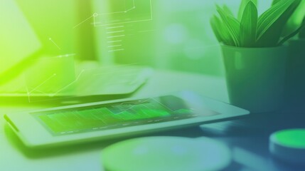 Poster - A tablet displaying data analytics with a plant and laptop in a modern workspace.