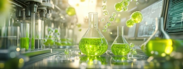 Aufkleber - Laboratory scene with green liquid in flasks, suggesting scientific research or experimentation.