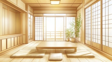 Leinwandbilder - A serene, sunlit Japanese-style room with wooden floors, sliding doors, and cushions.