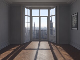 Aufkleber - A spacious room with large windows offering a city skyline view.
