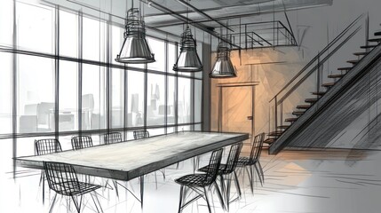 Aufkleber - A modern conference room sketch featuring a long table, chairs, and a staircase.