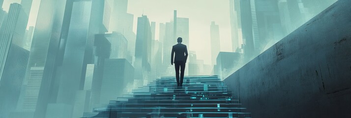 Poster - A figure ascends illuminated stairs in a futuristic cityscape, symbolizing ambition and progress.