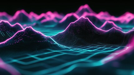 Poster - Abstract digital landscape with glowing mountain peaks and grid patterns.