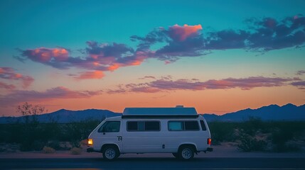 Poster - A white van parked against a colorful sunset backdrop in a desert landscape.