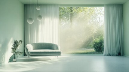 Leinwandbilder - A serene interior with a sofa and large window showcasing a lush outdoor view.