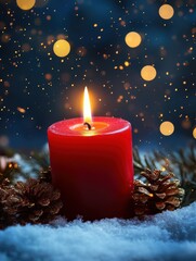 Wall Mural - christmas background - red candle in winter snow landscape background - blank greeting card with mag