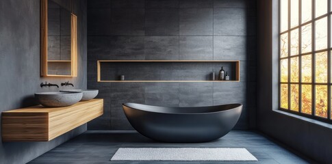 Poster - A modern bathroom featuring a sleek bathtub, dual sinks, and a large window with natural light.