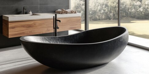 Aufkleber - A modern bathroom featuring a sleek black bathtub and minimalist wooden vanity.