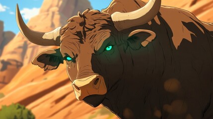 Poster - A close-up of a stylized bull with glowing eyes against a desert landscape.