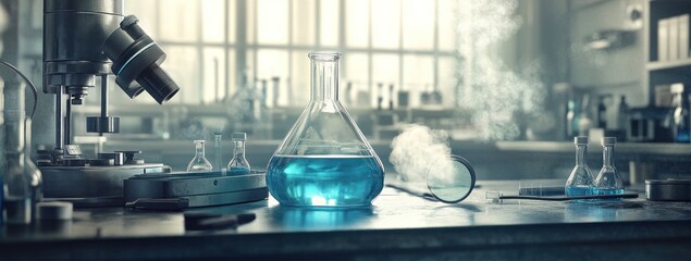Aufkleber - A laboratory scene featuring glassware with blue liquid, showcasing scientific experimentation.