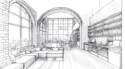 Aufkleber - A sketched interior of a modern library with large windows and cozy seating.