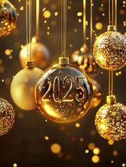 Wall Mural - happy new year 2025 - the golden numbers 2025 hanging on strings surrounded by golden and transparen