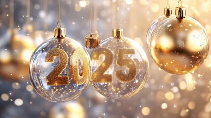 Wall Mural - happy new year 2025 - the golden numbers 2025 hanging on strings surrounded by golden and transparen