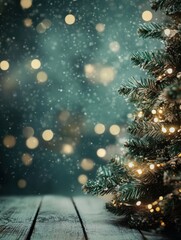 Wall Mural - christmas background with xmas tree and sparkle bokeh lights on wooden canvas background. merry chri