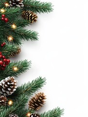 Wall Mural - christmas border. holiday garland isolated on background. christmas tree branches, lights and cones.
