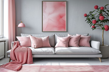 Beige sofa with pink pillow and floor lamp against beige wall with copy space. Loft home interior design of modern living room	with picture frame.