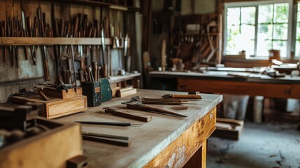 Wall Mural - A peaceful woodworking workshop with hand tools on workbenches, Finished wooden furniture pieces displayed, Traditional craftsmanship style