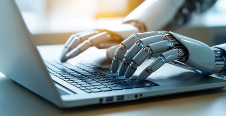 cybernetic robot typing on a laptop, showcasing advanced ai and human-like precision in a profession