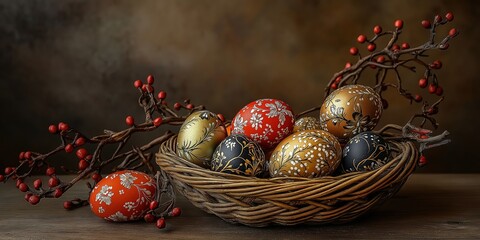 Rustic bird's nest filled with hand-painted Easter eggs in floral and metallic patterns, surrounded by red berries against a dark, textured background.  