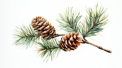 Wall Mural - Watercolor Pine Branch with Cones: A Botanical Illustration