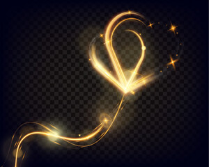 Poster - Golden glowing light trail forming a heart shape with sparkles and smooth curves on dark background, symbolizing love, romance, and celebration.