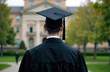 © Anastasia Lugovik - Graduation concept. Graduate person on university background. Back view of man in black graduation hat with tassel and robe. Copy space