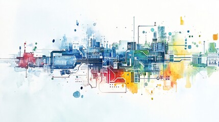 abstract watercolor painting of futuristic cityscape with circuitry and technology