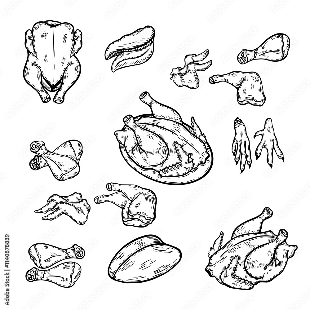 Line drawing of meat. Set of meat and meat products for label, sign ...