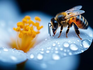 Wall Mural - A bee on a flower with water droplets on it