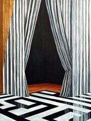 Poster - The painting showcases a dramatic curtain design with bold black and white stripes, inviting viewers into an intriguing space that explores depth and perspective.