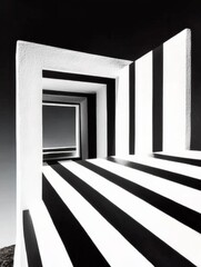 Poster - A captivating perspective of staggered geometric stairs enveloped in contrasting black and white stripes, creating a sense of depth and drawing the gaze inward and upward geometrically.